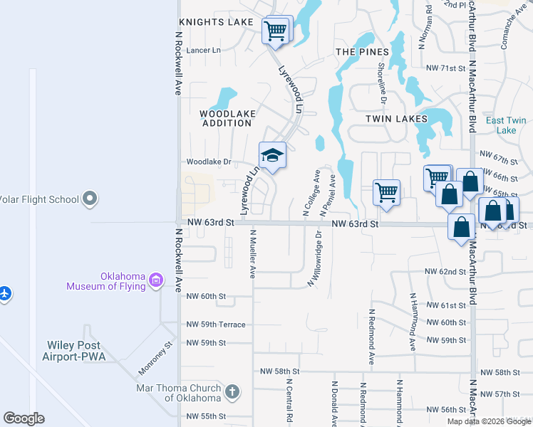 map of restaurants, bars, coffee shops, grocery stores, and more near 6408 Lyrewood Terrace in Oklahoma City