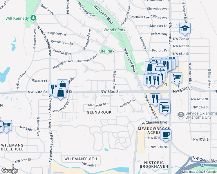 map of restaurants, bars, coffee shops, grocery stores, and more near 6412 Briarwood Lane in Nichols Hills