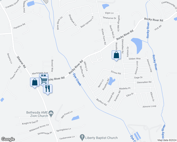 map of restaurants, bars, coffee shops, grocery stores, and more near 123 Milroy Lane in Mooresville