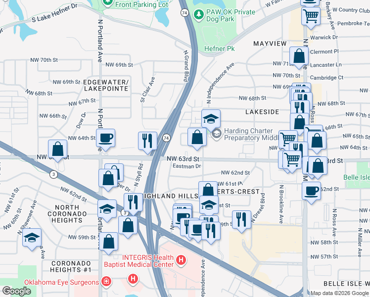 map of restaurants, bars, coffee shops, grocery stores, and more near 6508 North Highland Place in Oklahoma City
