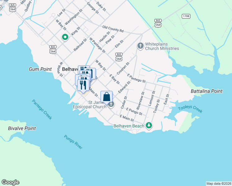 map of restaurants, bars, coffee shops, grocery stores, and more near 475 Pungo Street in Belhaven