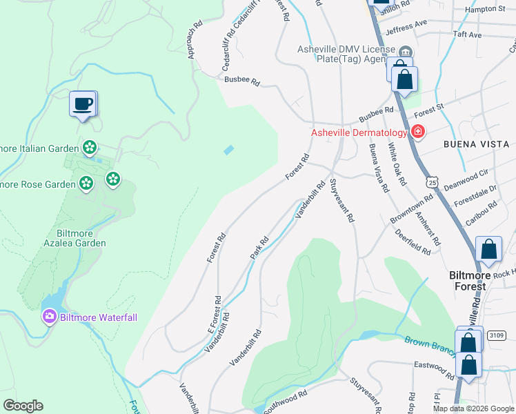 map of restaurants, bars, coffee shops, grocery stores, and more near 55 Forest Road in Biltmore Forest