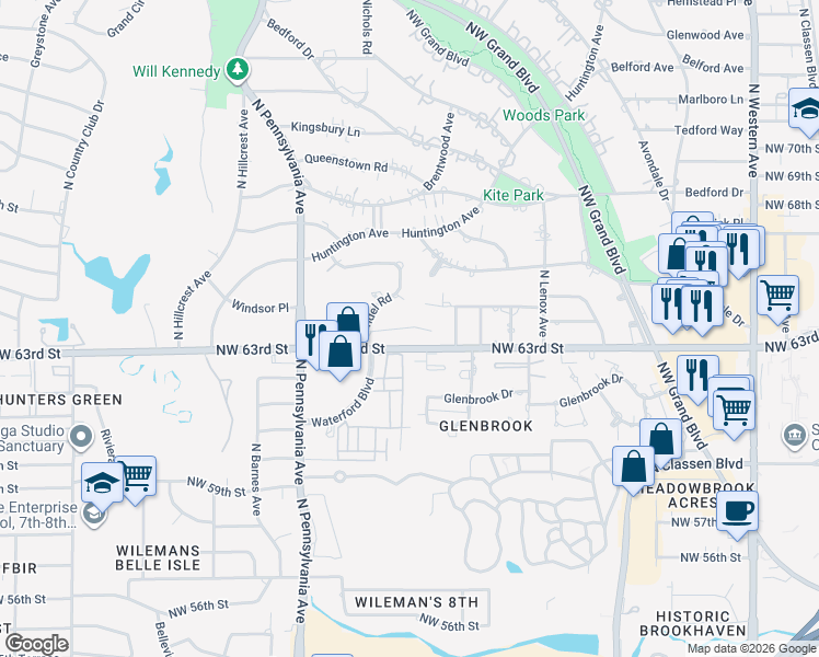 map of restaurants, bars, coffee shops, grocery stores, and more near 1506 Glenbrook Terrace in Nichols Hills
