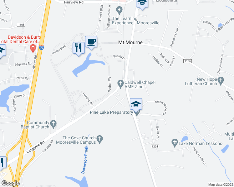 map of restaurants, bars, coffee shops, grocery stores, and more near 135 Langtree Road in Mooresville