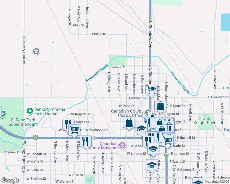 map of restaurants, bars, coffee shops, grocery stores, and more near 620 West Clarke Street in El Reno