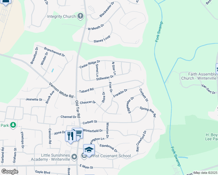 map of restaurants, bars, coffee shops, grocery stores, and more near 612 Tabard Road in Winterville