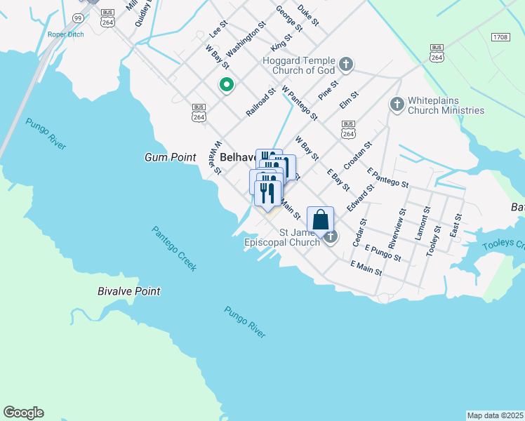 map of restaurants, bars, coffee shops, grocery stores, and more near 274 Main Street in Belhaven