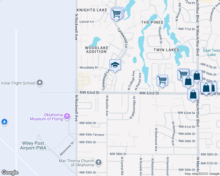 map of restaurants, bars, coffee shops, grocery stores, and more near 6408 Lyrewood Terrace in Oklahoma City