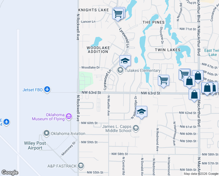 map of restaurants, bars, coffee shops, grocery stores, and more near 6408 Lyrewood Terrace in Oklahoma City