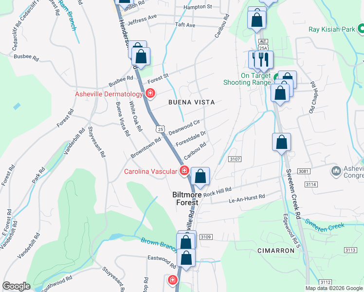 map of restaurants, bars, coffee shops, grocery stores, and more near 3 Forestdale Drive in Asheville