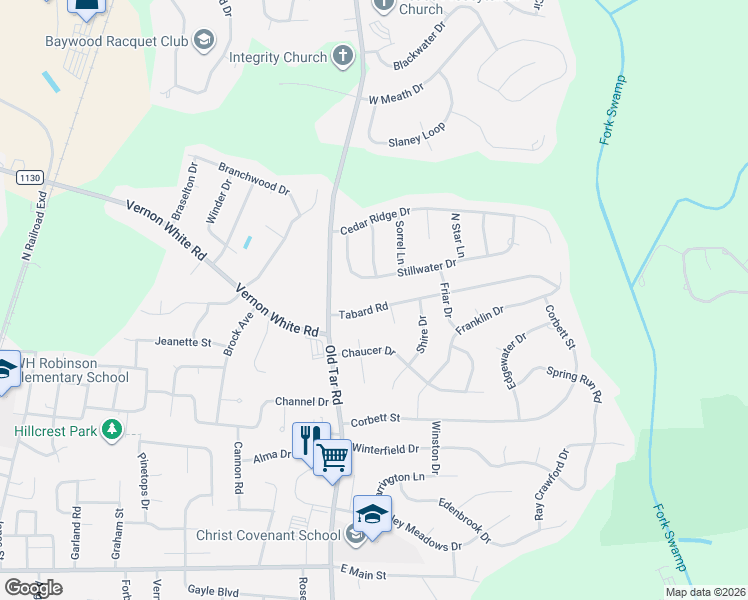 map of restaurants, bars, coffee shops, grocery stores, and more near 558 Stillwater Dr in Winterville
