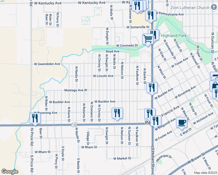 map of restaurants, bars, coffee shops, grocery stores, and more near 600-698 North Dwight Street in Pampa