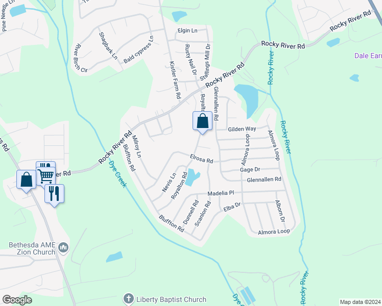 map of restaurants, bars, coffee shops, grocery stores, and more near 190 Royalton Road in Mooresville