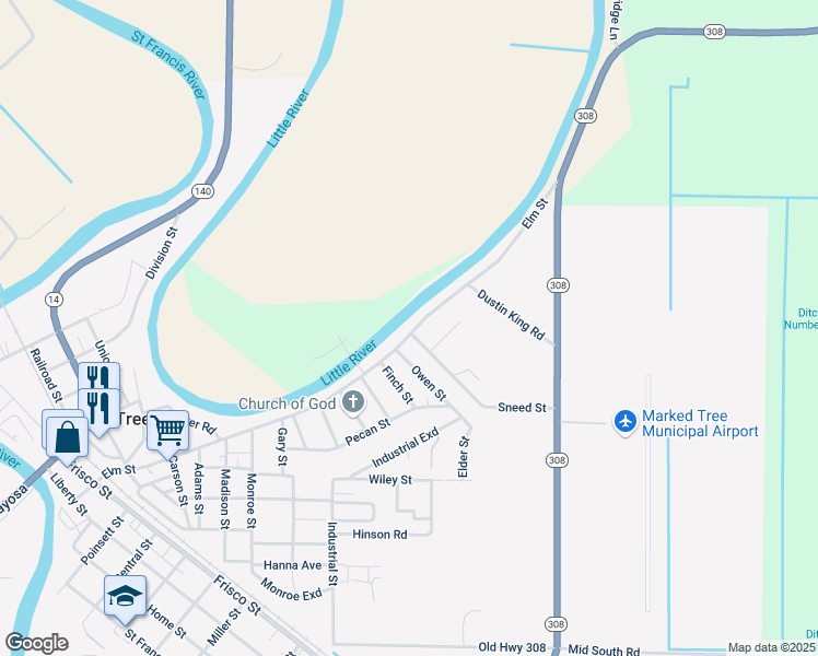 map of restaurants, bars, coffee shops, grocery stores, and more near 1207 Elm Street in Marked Tree