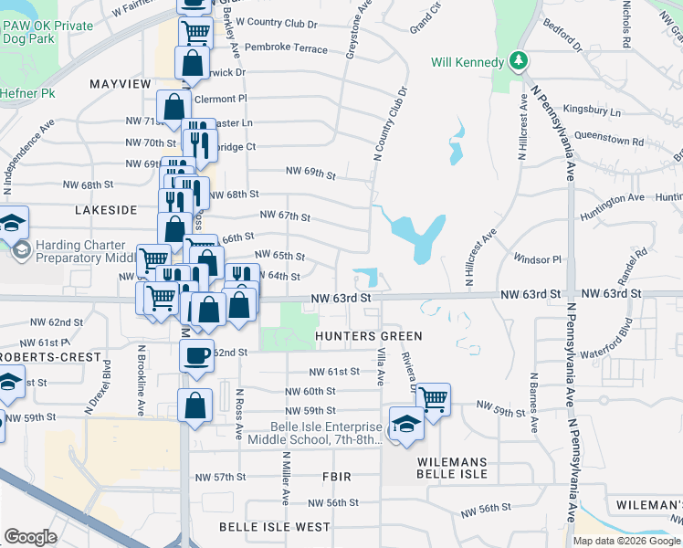 map of restaurants, bars, coffee shops, grocery stores, and more near 6500 Grandview Place in Oklahoma City