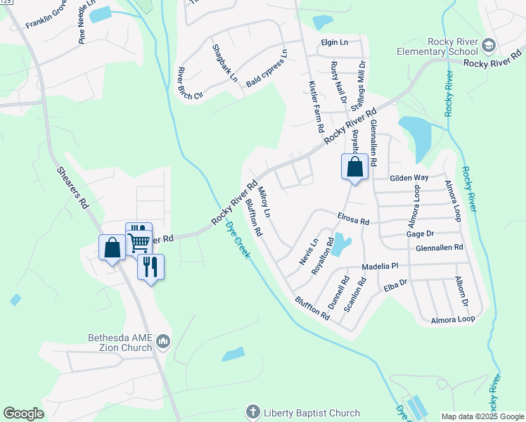 map of restaurants, bars, coffee shops, grocery stores, and more near 120 Milroy Lane in Mooresville