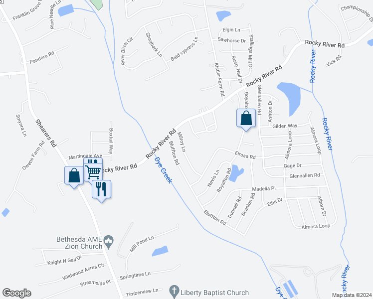 map of restaurants, bars, coffee shops, grocery stores, and more near 121 Milroy Lane in Mooresville