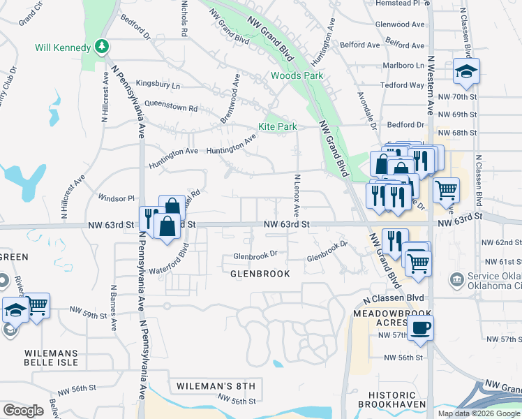 map of restaurants, bars, coffee shops, grocery stores, and more near 1408 Glenbrook Terrace in Nichols Hills