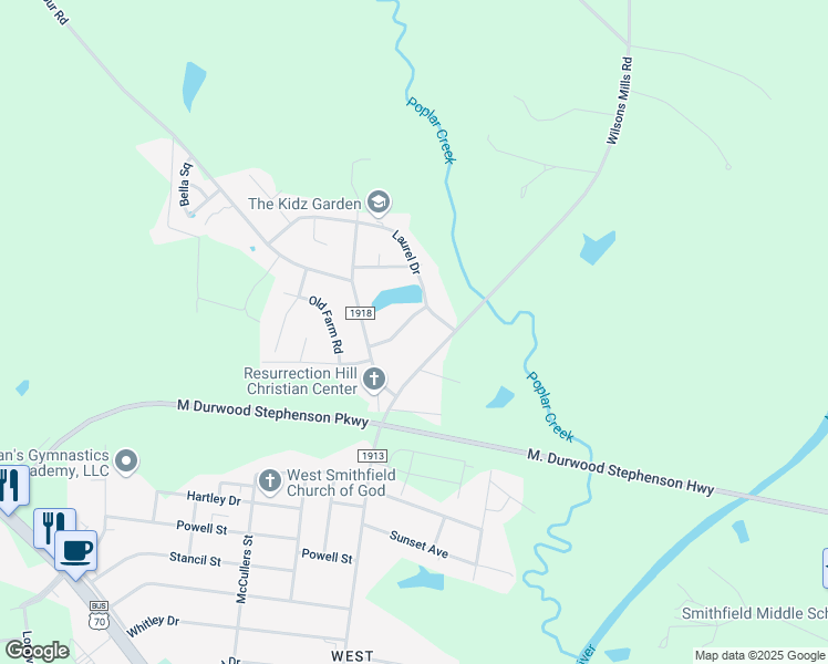 map of restaurants, bars, coffee shops, grocery stores, and more near 110 South Lakeside Drive in Smithfield
