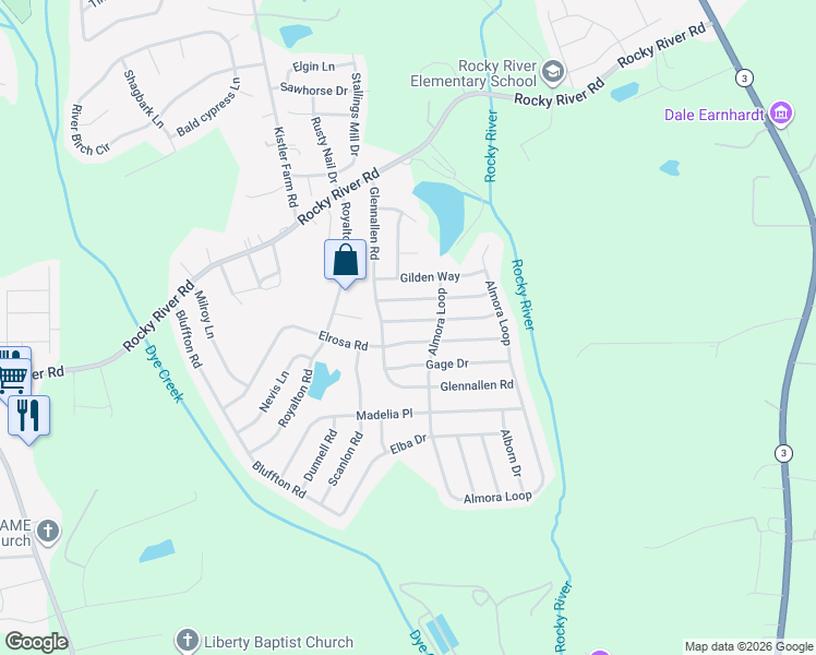 map of restaurants, bars, coffee shops, grocery stores, and more near 116 Saye Place in Mooresville