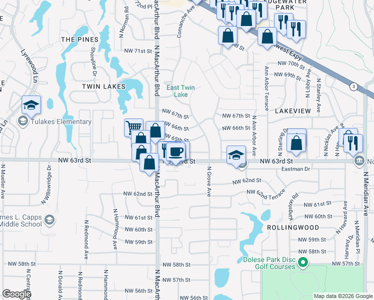 map of restaurants, bars, coffee shops, grocery stores, and more near 5712 Northwest 65th Street in Warr Acres