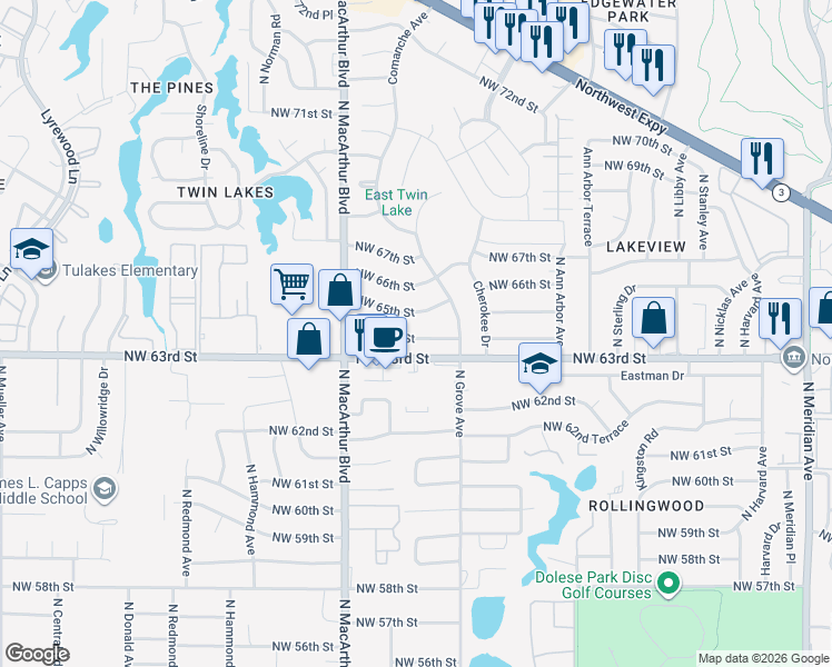 map of restaurants, bars, coffee shops, grocery stores, and more near 5612 Northwest 65th Street in Warr Acres