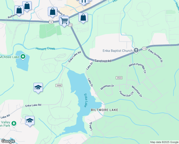map of restaurants, bars, coffee shops, grocery stores, and more near 33 Lake Drive in Candler