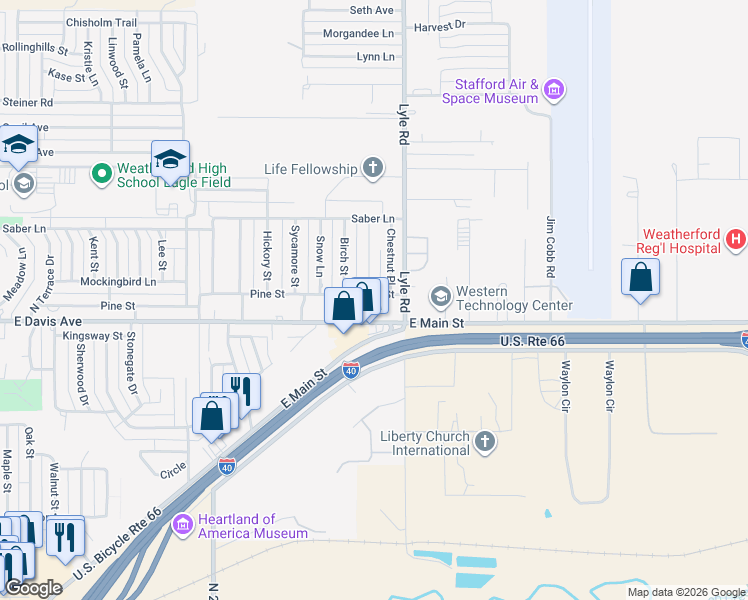 map of restaurants, bars, coffee shops, grocery stores, and more near 2222 Pine Street in Weatherford