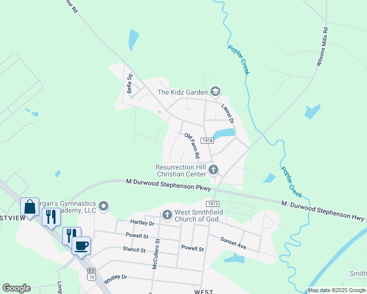 map of restaurants, bars, coffee shops, grocery stores, and more near 115 Old Farm Road in Smithfield