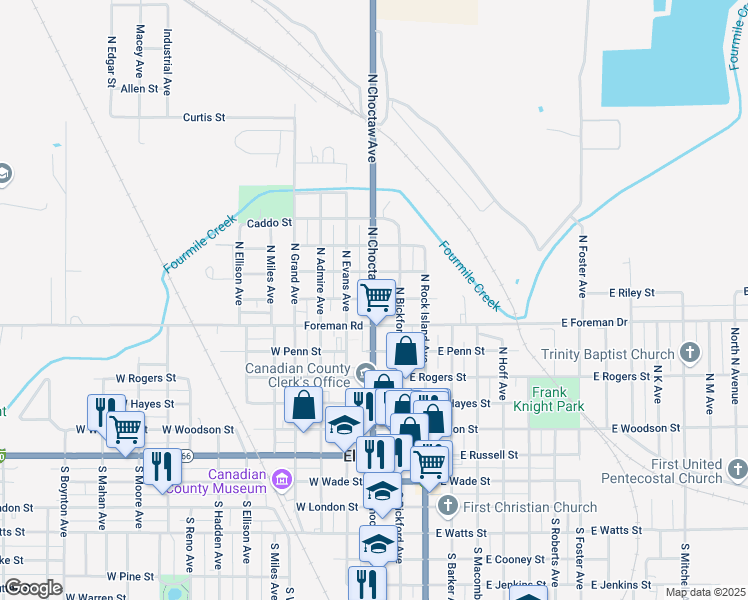 map of restaurants, bars, coffee shops, grocery stores, and more near 600 North Choctaw Avenue in El Reno