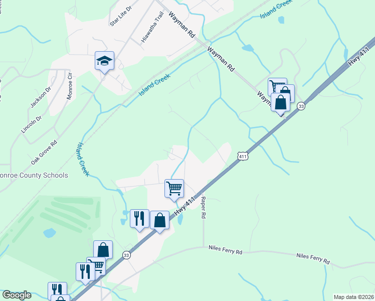 map of restaurants, bars, coffee shops, grocery stores, and more near 308 Willow Creek Drive in Madisonville