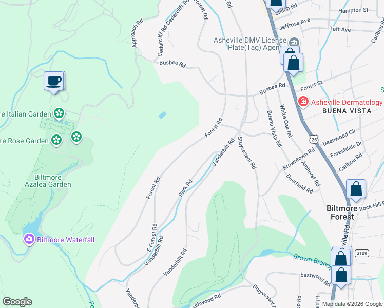 map of restaurants, bars, coffee shops, grocery stores, and more near 48 Forest Road in Biltmore Forest