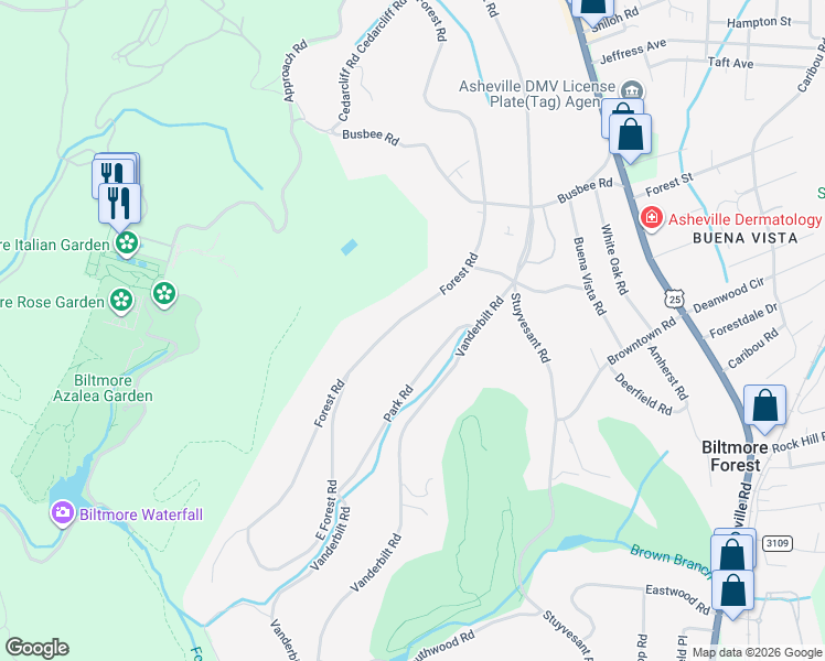 map of restaurants, bars, coffee shops, grocery stores, and more near 48 Forest Road in Biltmore Forest