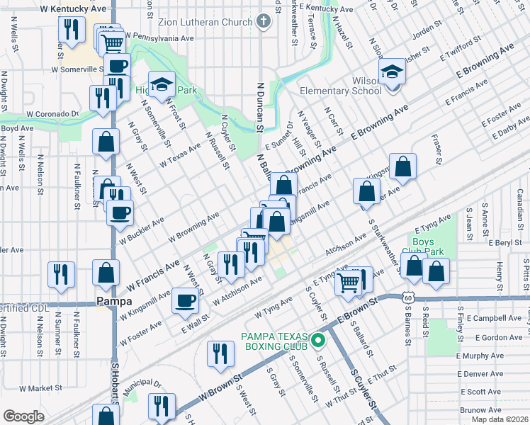 map of restaurants, bars, coffee shops, grocery stores, and more near 301 N Cuyler St in Pampa