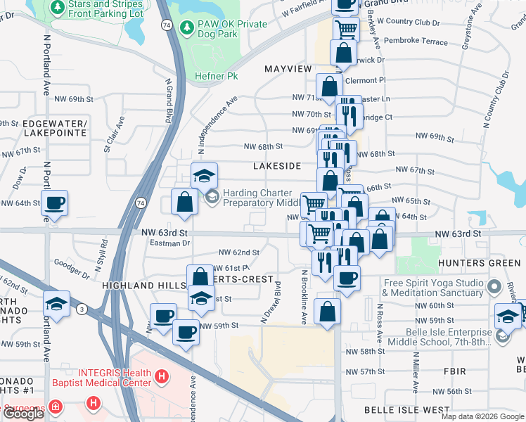 map of restaurants, bars, coffee shops, grocery stores, and more near 3111 Hickory Sign Post Road in Oklahoma City