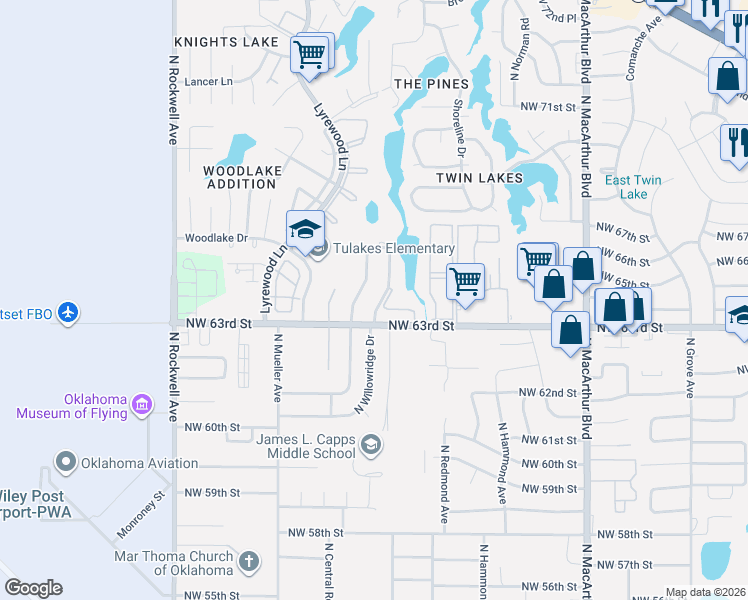 map of restaurants, bars, coffee shops, grocery stores, and more near 6428 North Peniel Avenue in Oklahoma City
