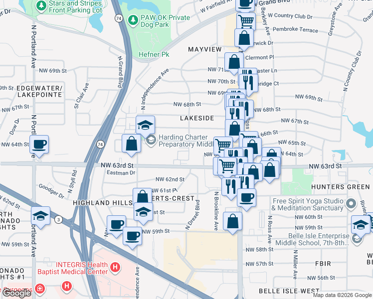 map of restaurants, bars, coffee shops, grocery stores, and more near 3111 Hickory Sign Post Road in Oklahoma City