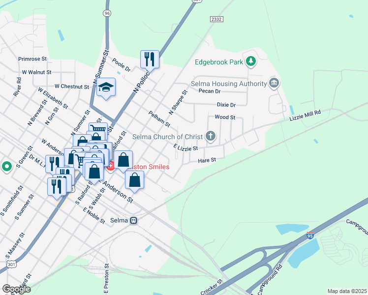 map of restaurants, bars, coffee shops, grocery stores, and more near 602 Howell Street in Selma