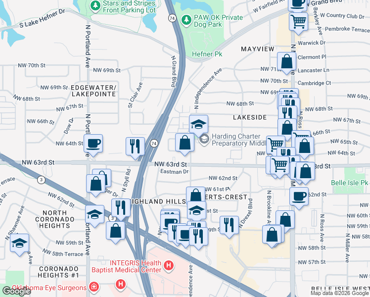 map of restaurants, bars, coffee shops, grocery stores, and more near 3305 Northwest 64th Street in Oklahoma City