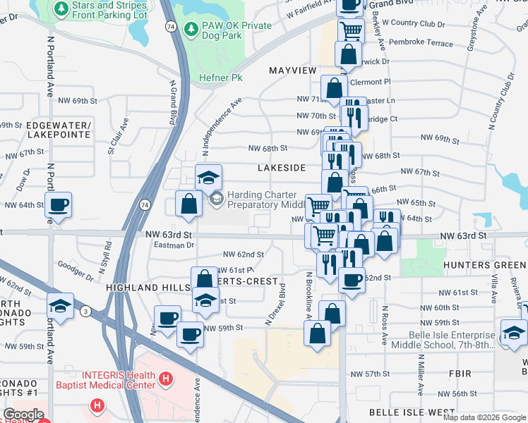 map of restaurants, bars, coffee shops, grocery stores, and more near 3109 Hickory Sign Post Road in Oklahoma City