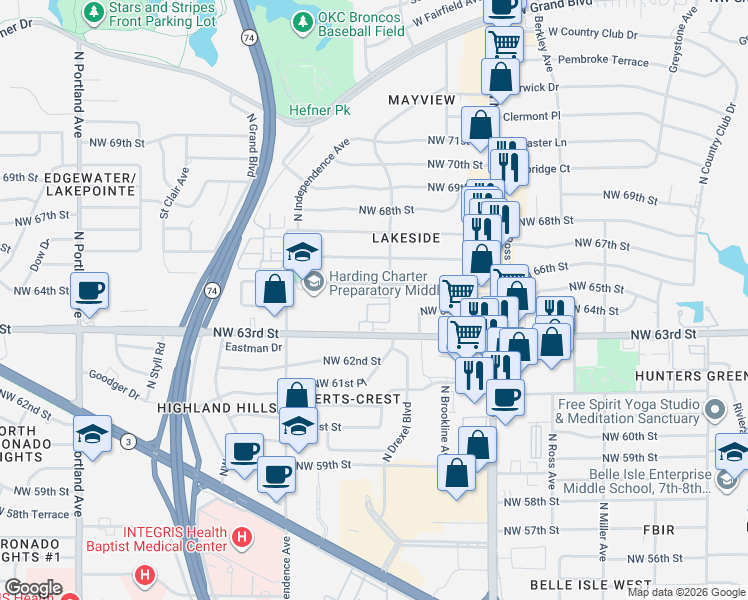 map of restaurants, bars, coffee shops, grocery stores, and more near 3111 Hickory Sign Post Road in Oklahoma City