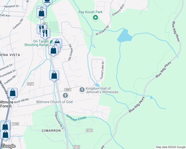 map of restaurants, bars, coffee shops, grocery stores, and more near 118 Forest Lake Drive in Asheville