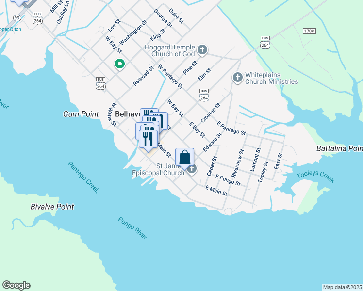 map of restaurants, bars, coffee shops, grocery stores, and more near 408 East Pungo Street in Belhaven
