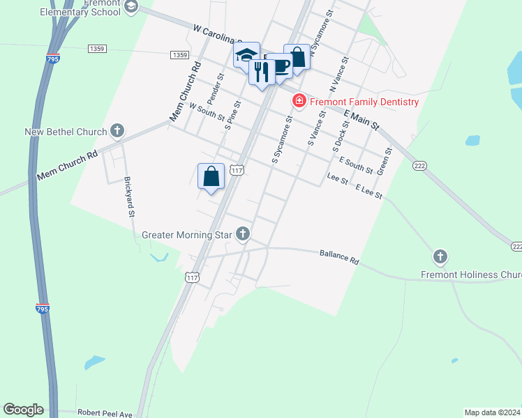 map of restaurants, bars, coffee shops, grocery stores, and more near 510 South Sycamore Street in Fremont