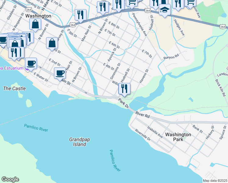 map of restaurants, bars, coffee shops, grocery stores, and more near 214 Hudnell Street in Washington