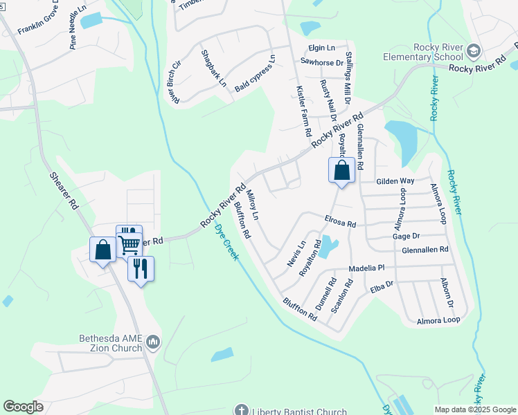 map of restaurants, bars, coffee shops, grocery stores, and more near 117 Milroy Lane in Mooresville