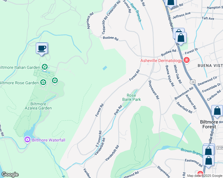 map of restaurants, bars, coffee shops, grocery stores, and more near 55 Forest Road in Biltmore Forest