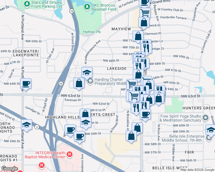 map of restaurants, bars, coffee shops, grocery stores, and more near 3111 Hickory Sign Post Road in Oklahoma City