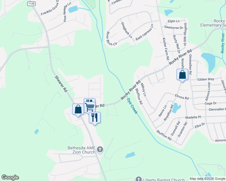 map of restaurants, bars, coffee shops, grocery stores, and more near 173 Rocky River Road in Mooresville