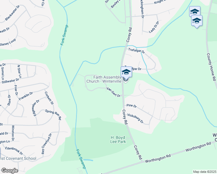 map of restaurants, bars, coffee shops, grocery stores, and more near 1001 Van-Gert Drive in Winterville